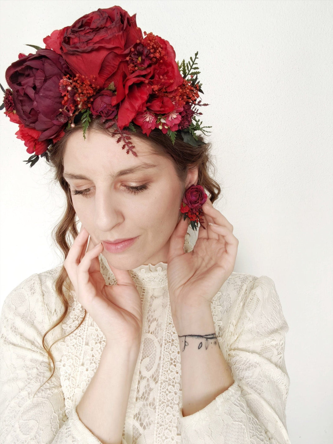 Burgundy Flower Stud Earrings: Dark Red Wedding Jewelry – handmade floral hair accessory by magaela