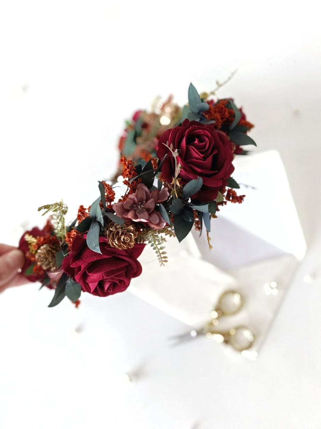 Burgundy Rose Wedding Half Wreath: Boho Bridal Hair Crown – handmade floral hair accessory by magaela