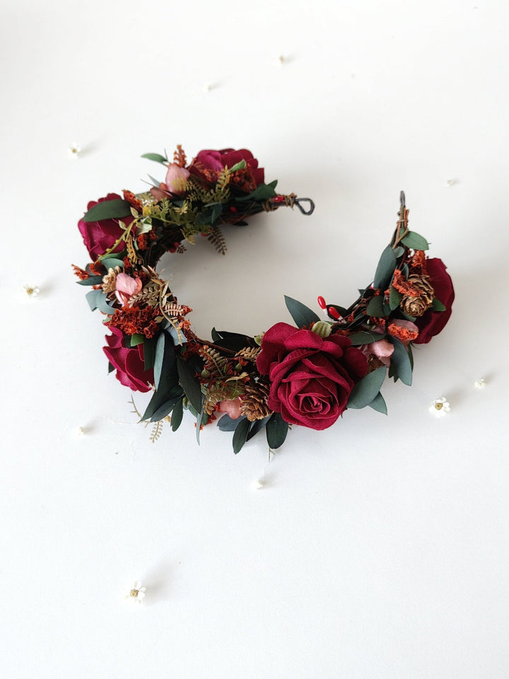 Burgundy Rose Wedding Half Wreath: Boho Bridal Hair Crown – handmade floral hair accessory by magaela