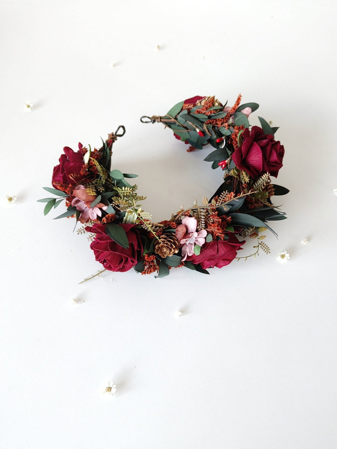 Burgundy Rose Wedding Half Wreath: Boho Bridal Hair Crown – handmade floral hair accessory by magaela