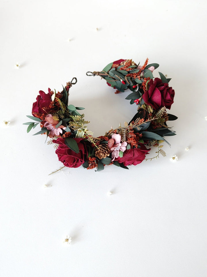 Burgundy Rose Wedding Half Wreath: Boho Bridal Hair Crown – handmade floral hair accessory by magaela