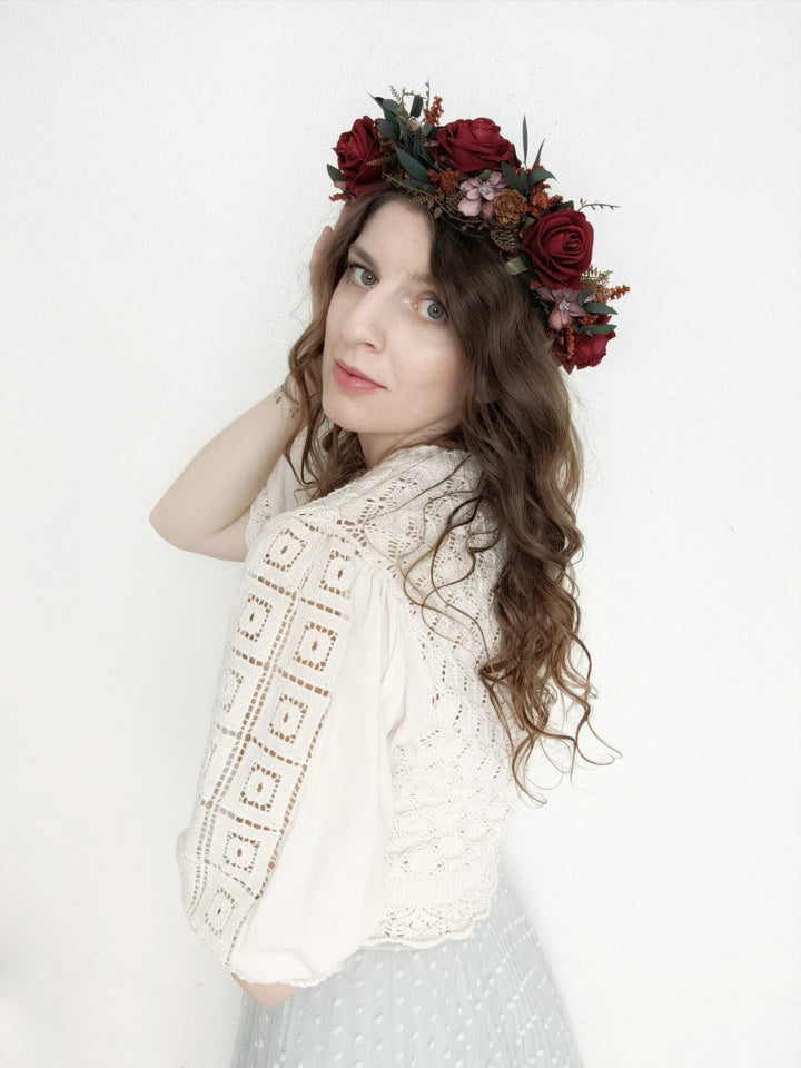 Burgundy Rose Wedding Half Wreath: Boho Bridal Hair Crown – handmade floral hair accessory by magaela