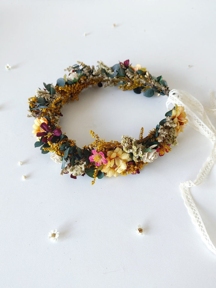 Boho Bridal Flower Crown: Autumn Wedding Headpiece with Eucalyptus – handmade floral hair accessory by magaela