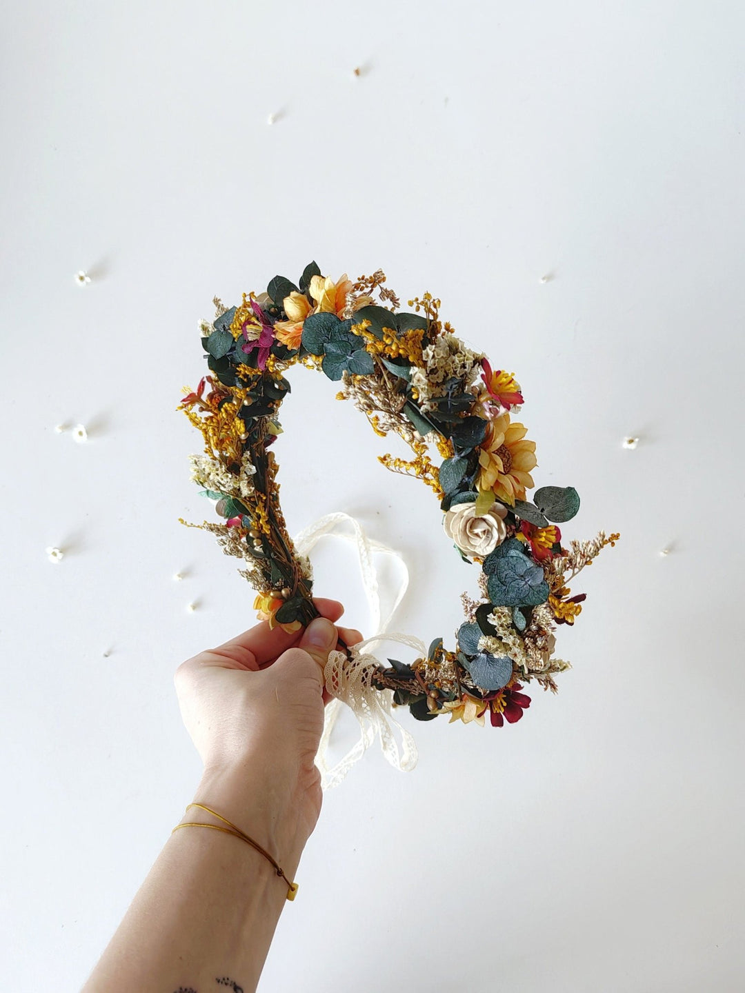 Boho Bridal Flower Crown: Autumn Wedding Headpiece with Eucalyptus – handmade floral hair accessory by magaela