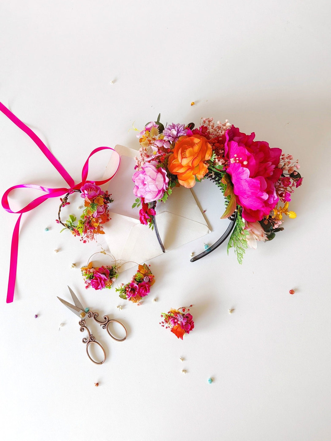 Magenta Frida Flower Headband: Boho Garden Wedding Crown – handmade floral hair accessory by magaela