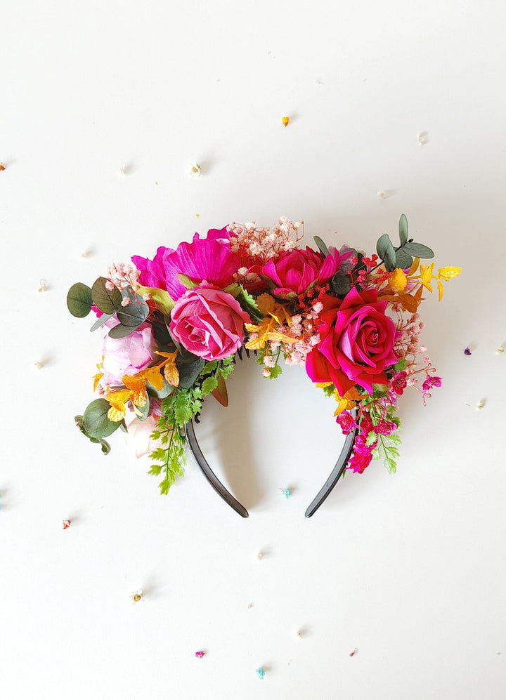 Magenta Frida Flower Headband: Boho Garden Wedding Crown – handmade floral hair accessory by magaela