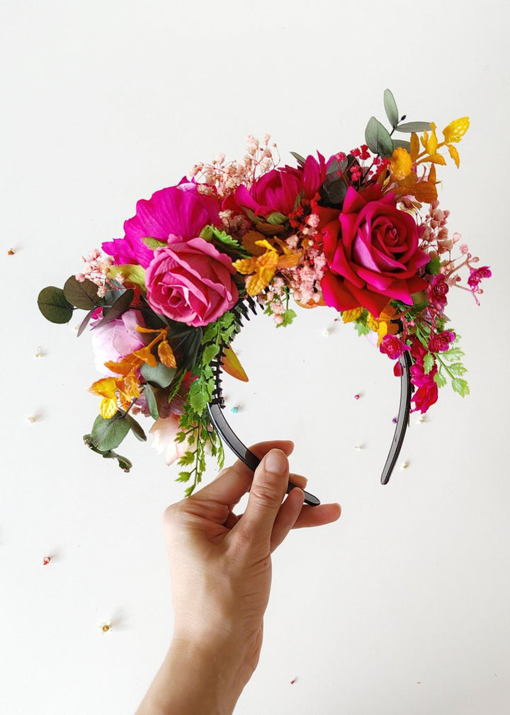 Magenta Frida Flower Headband: Boho Garden Wedding Crown – handmade floral hair accessory by magaela