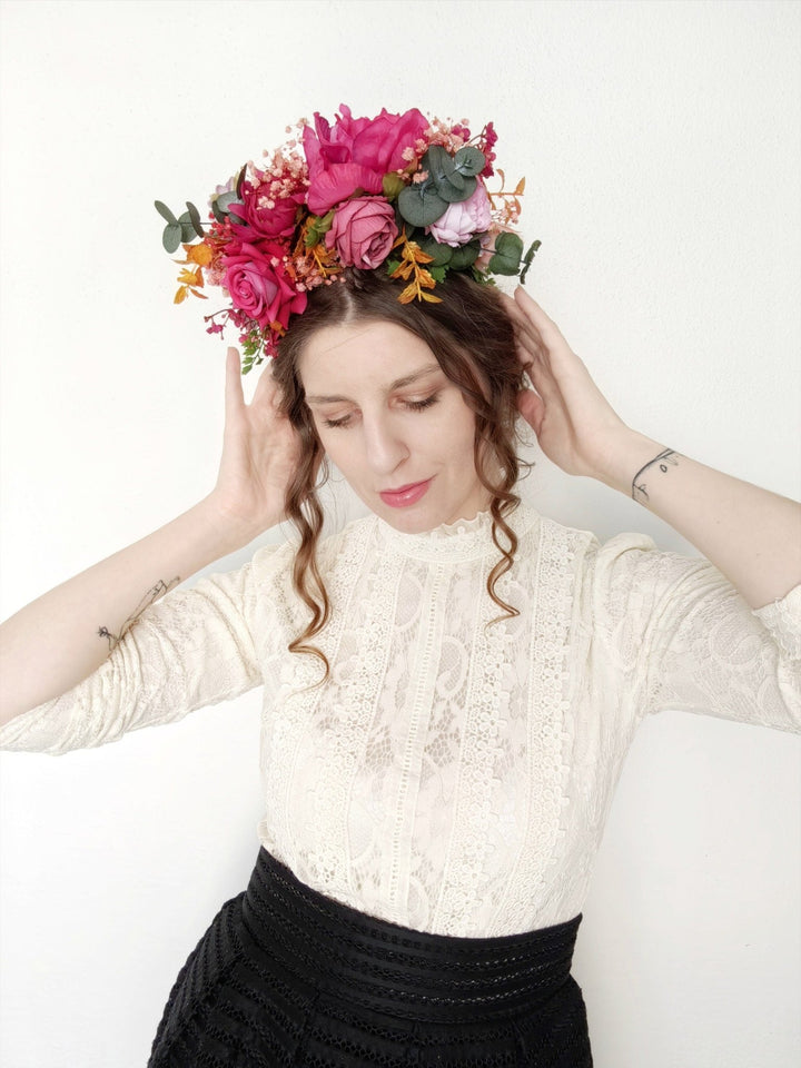 Magenta Frida Flower Headband: Boho Garden Wedding Crown – handmade floral hair accessory by magaela