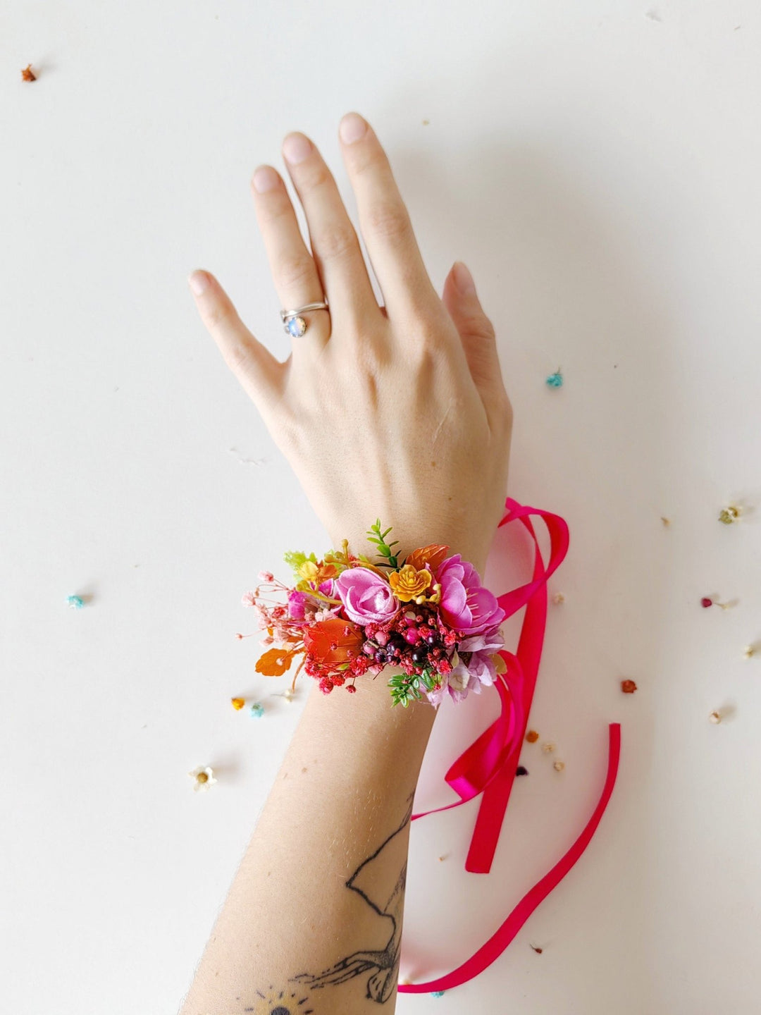 Magenta Flower Bracelet: Boho Wedding Wrist Corsage – handmade floral hair accessory by magaela