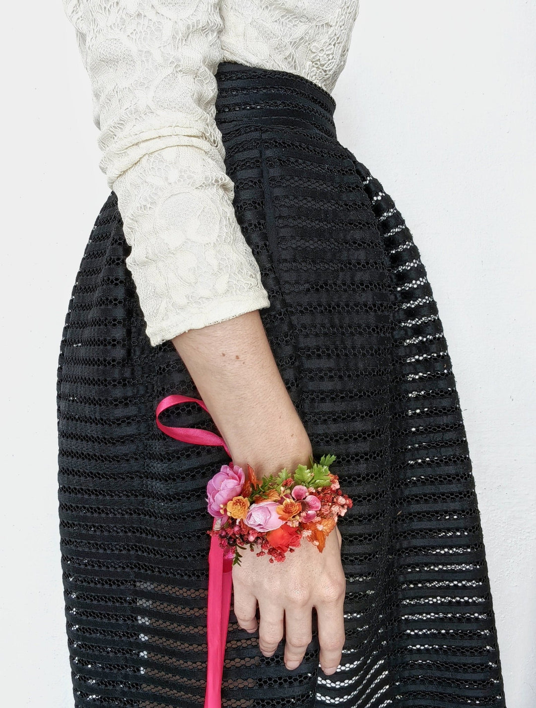 Magenta Flower Bracelet: Boho Wedding Wrist Corsage – handmade floral hair accessory by magaela