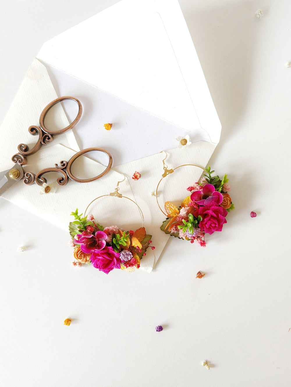 Magenta Flower Circle Earrings: Bridal Wedding Jewelry – handmade floral hair accessory by magaela