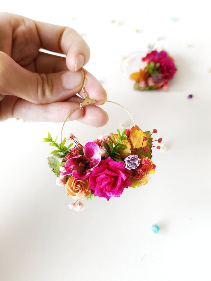 Magenta Flower Circle Earrings: Bridal Wedding Jewelry – handmade floral hair accessory by magaela