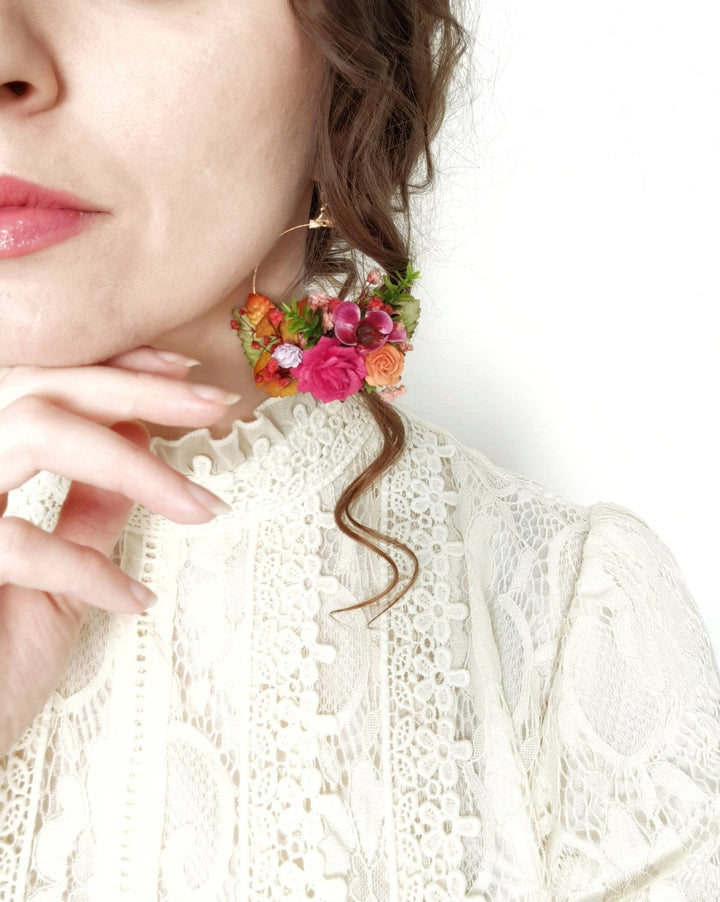 Magenta Flower Circle Earrings: Bridal Wedding Jewelry – handmade floral hair accessory by magaela