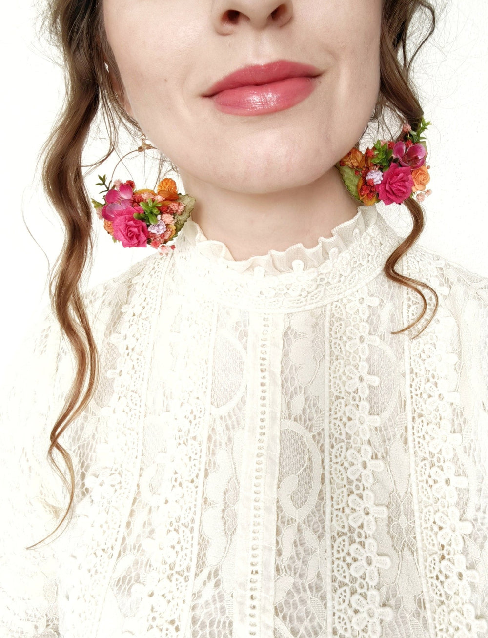 Magenta Flower Circle Earrings: Bridal Wedding Jewelry – handmade floral hair accessory by magaela