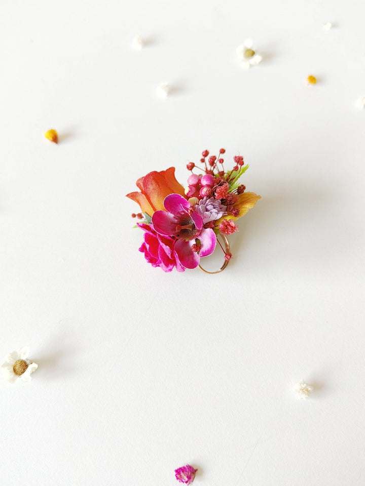Boho Floral Ring: Magenta Flower Jewelry, Adjustable Band – handmade floral hair accessory by magaela