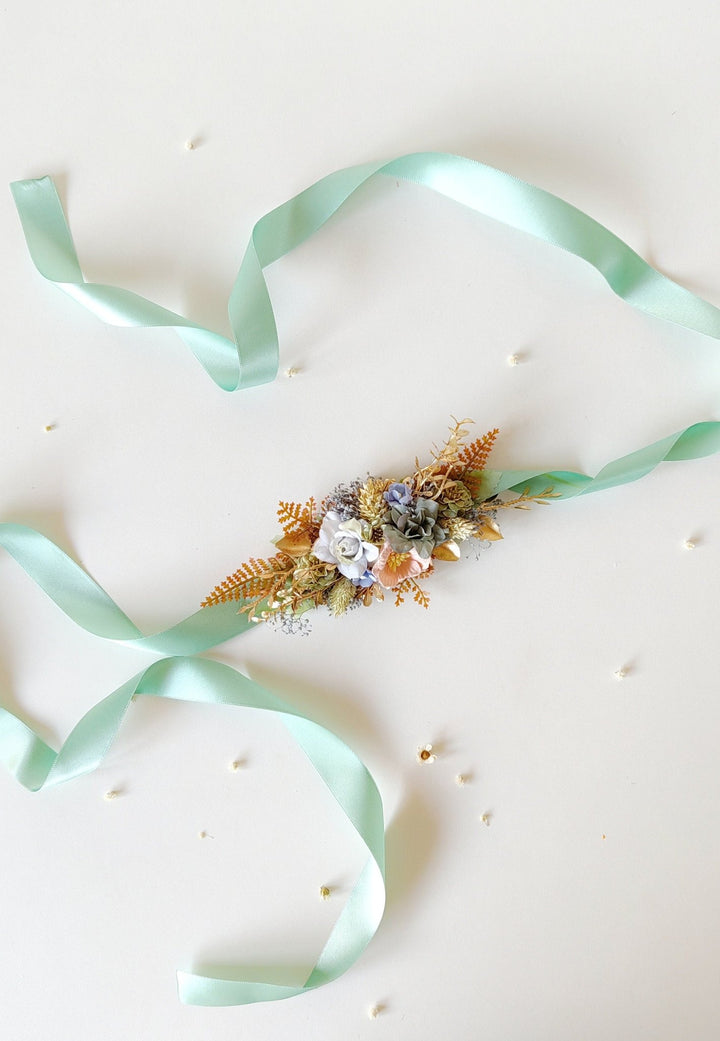 Mint Flower Bridal Belt: Pastel Wedding Dress Sash, Golden Leaves – handmade floral hair accessory by magaela