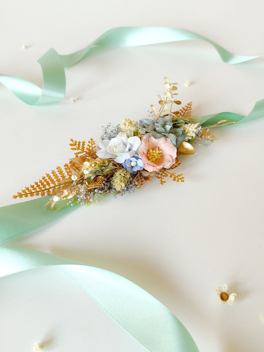 Mint Flower Bridal Belt: Pastel Wedding Dress Sash, Golden Leaves – handmade floral hair accessory by magaela