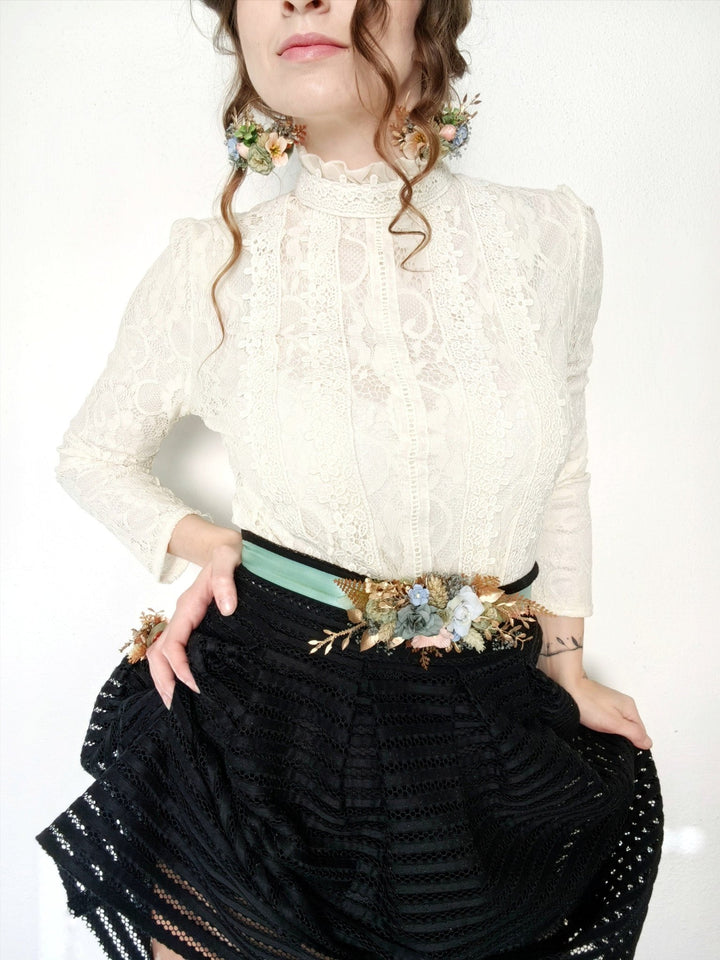 Mint Flower Bridal Belt: Pastel Wedding Dress Sash, Golden Leaves – handmade floral hair accessory by magaela