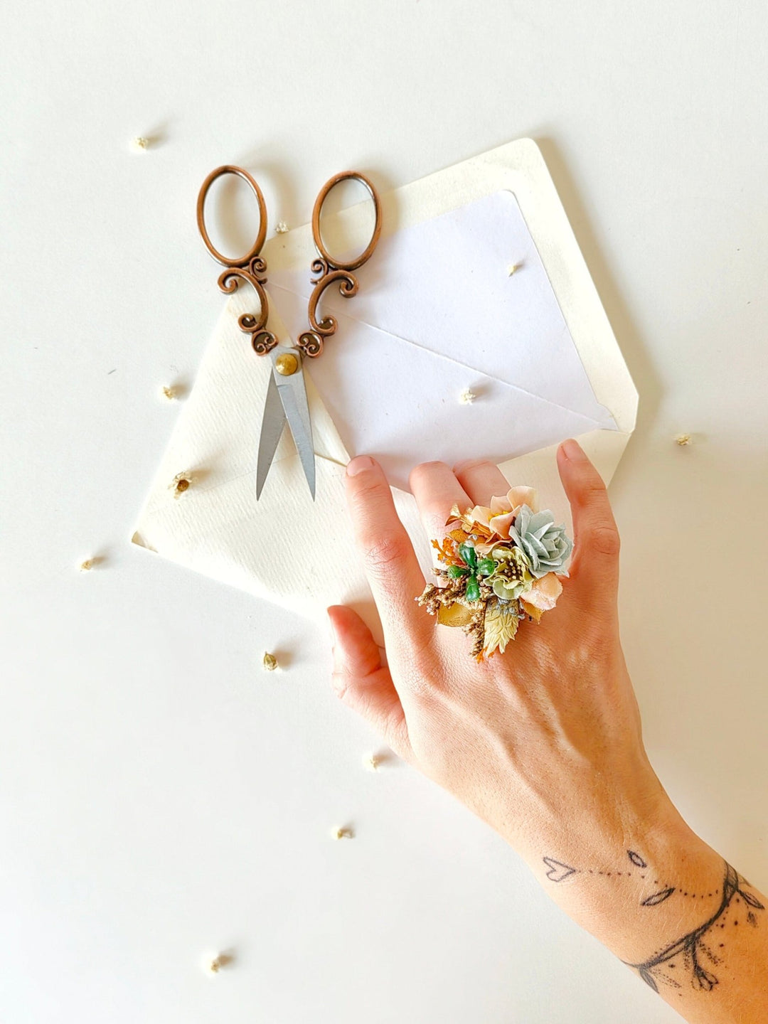 Pastel Flower Ring: Boho Wedding Jewelry, Adjustable Band – handmade floral hair accessory by magaela