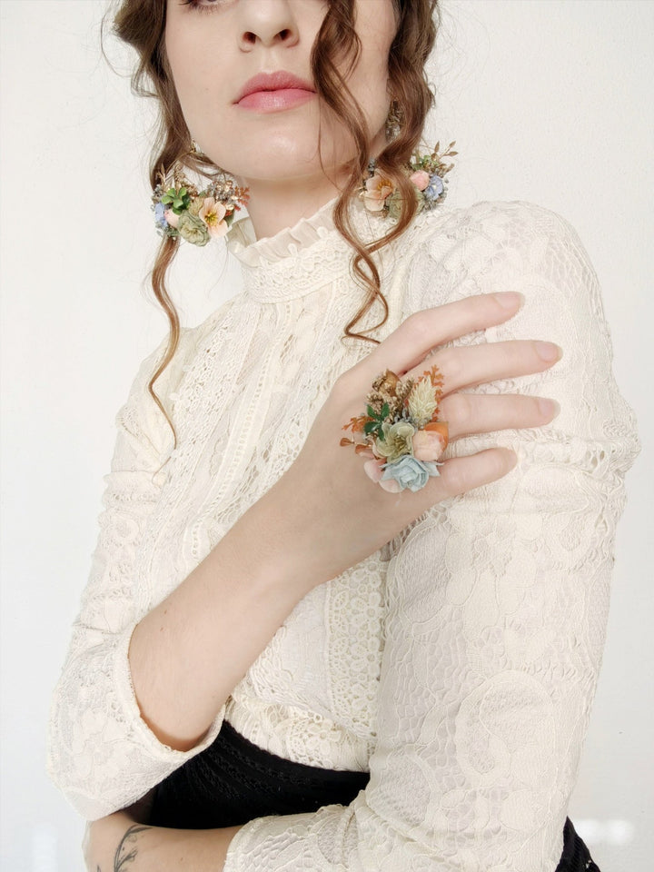 Pastel Flower Ring: Boho Wedding Jewelry, Adjustable Band – handmade floral hair accessory by magaela
