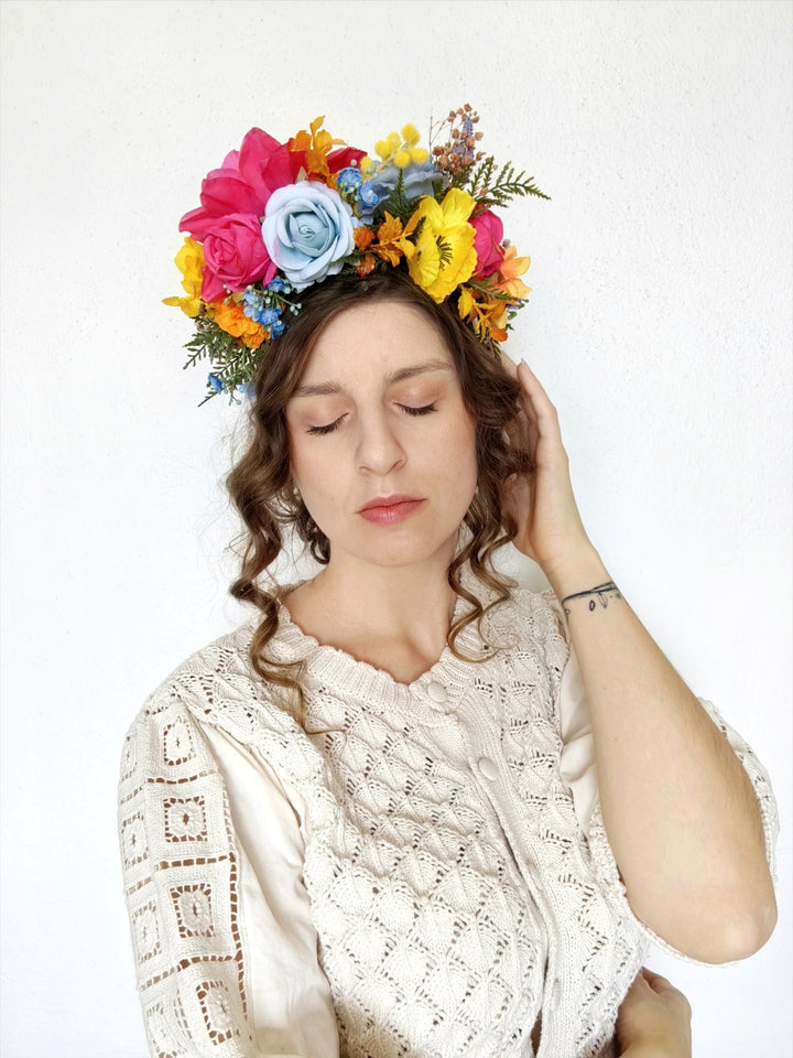 Frida Flower Headband: Magenta Garden Wedding Crown, Boho Floral Accessory – handmade floral hair accessory by magaela