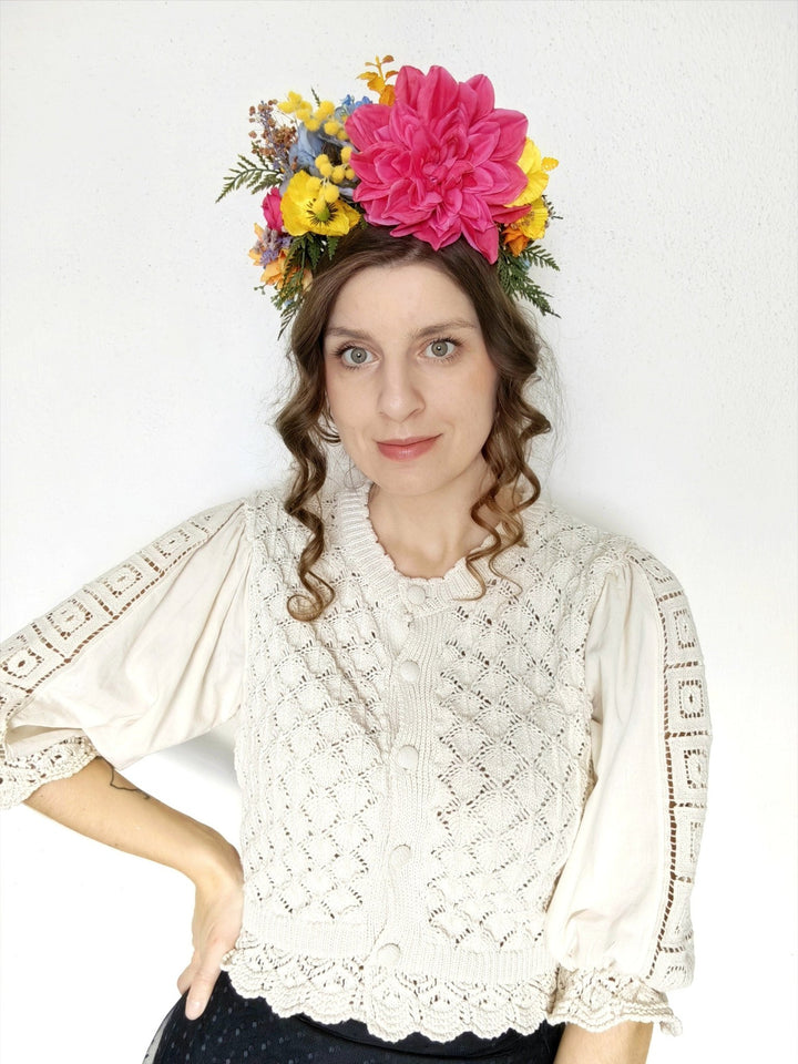 Frida Flower Headband: Magenta Garden Wedding Crown, Boho Floral Accessory – handmade floral hair accessory by magaela