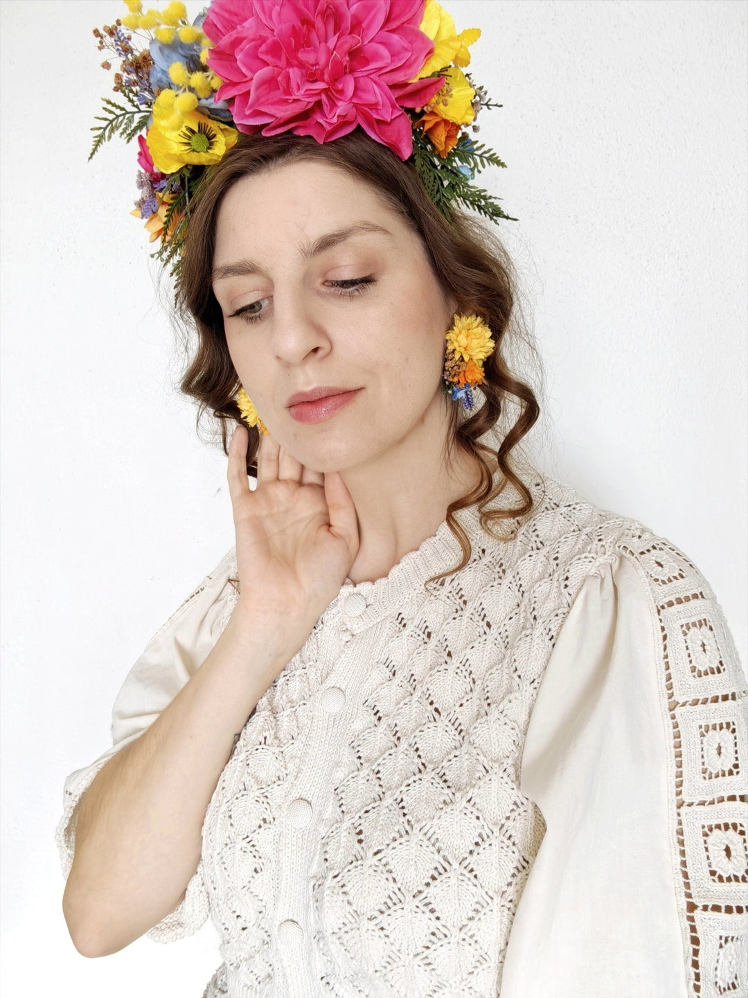 Colorful Flower Stud Earrings: Frida Style Wedding Jewelry – handmade floral hair accessory by magaela