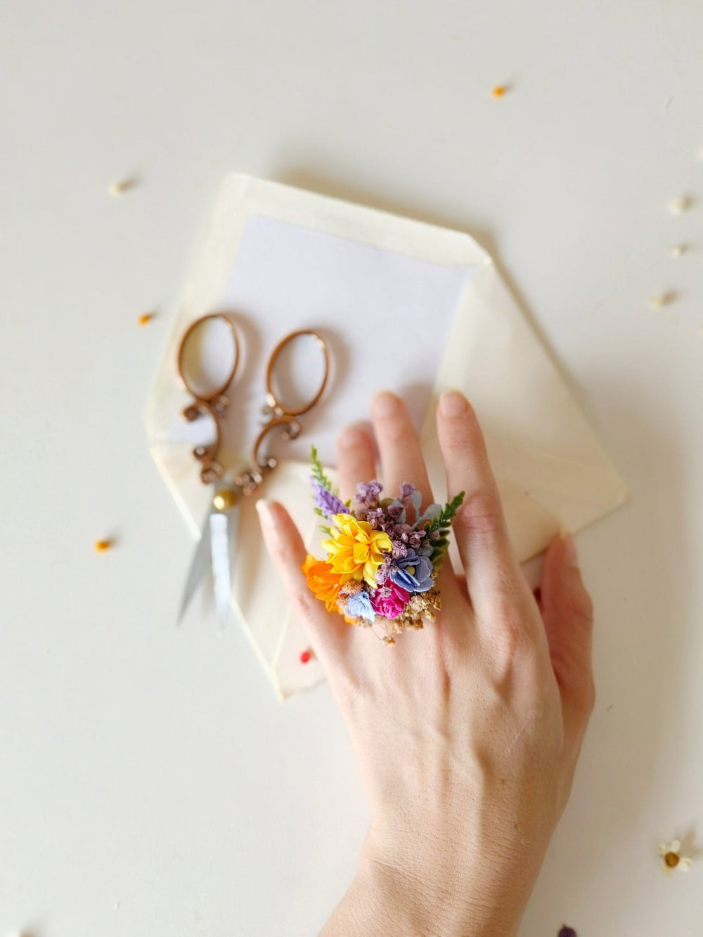 Boho Flower Ring: Colorful Wildflower Jewelry, Adjustable Band – handmade floral hair accessory by magaela