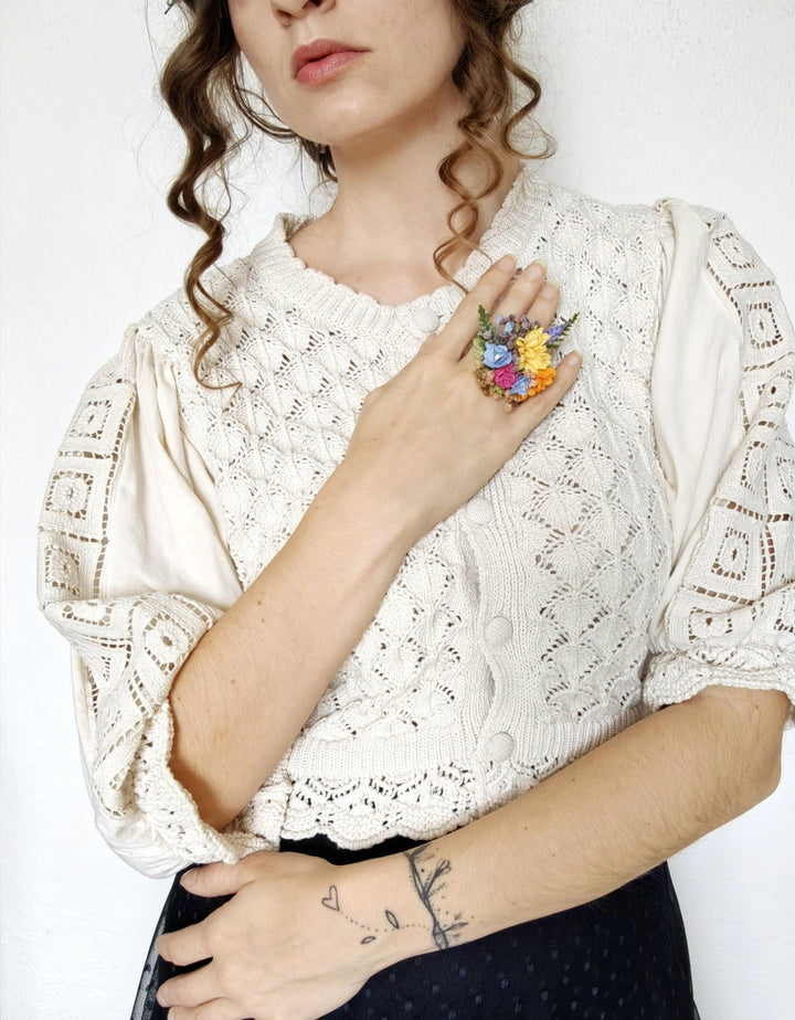 Boho Flower Ring: Colorful Wildflower Jewelry, Adjustable Band – handmade floral hair accessory by magaela