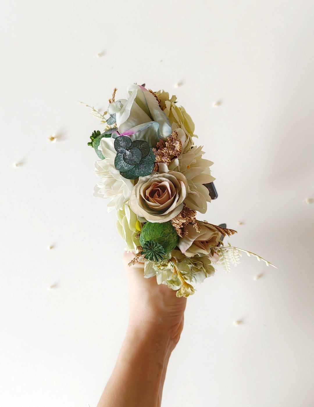 Pastel Green Flower Headband: Boho Wedding Double Sided Crown – handmade floral hair accessory by magaela