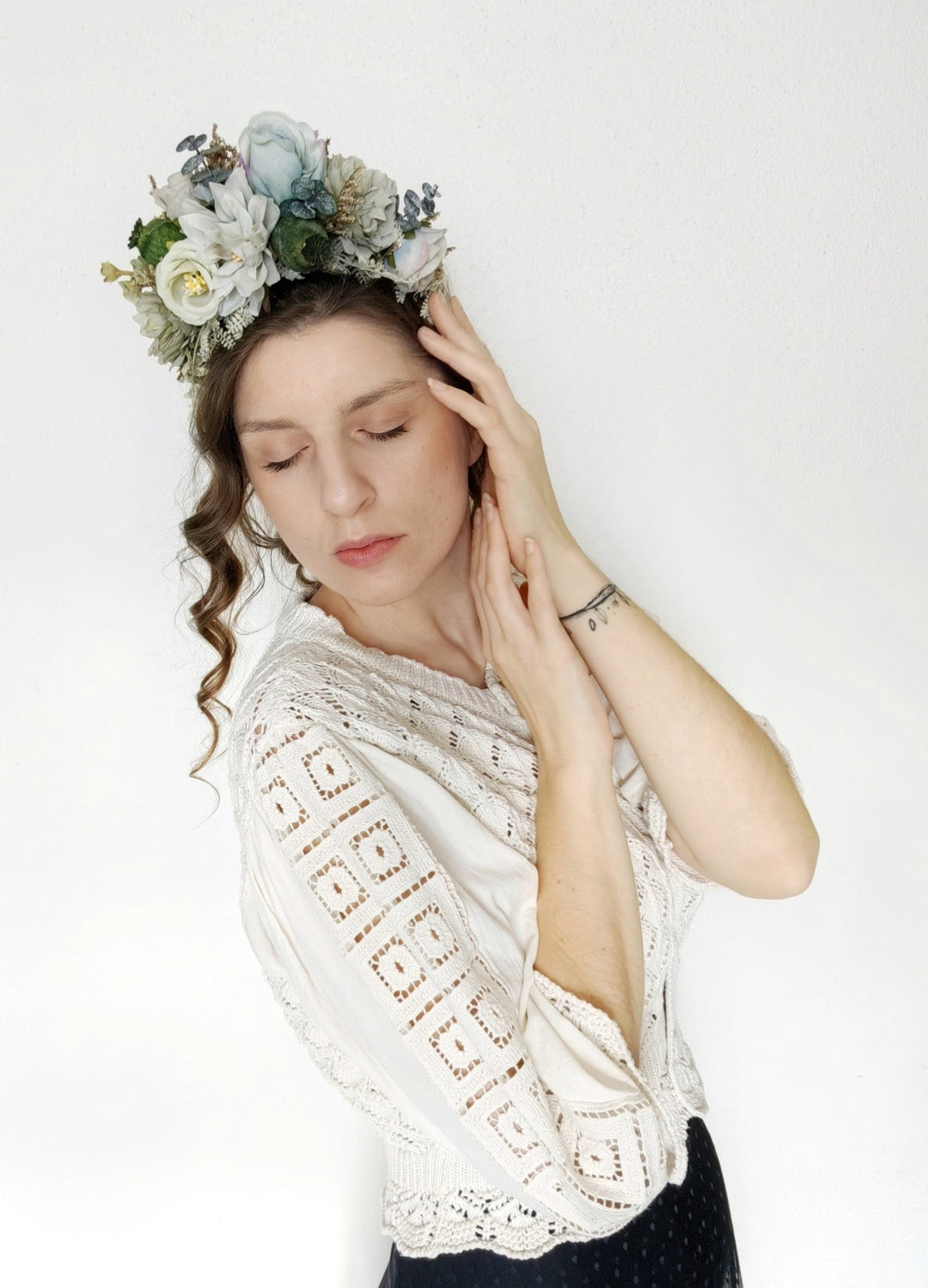 Pastel Green Flower Headband: Boho Wedding Double Sided Crown – handmade floral hair accessory by magaela