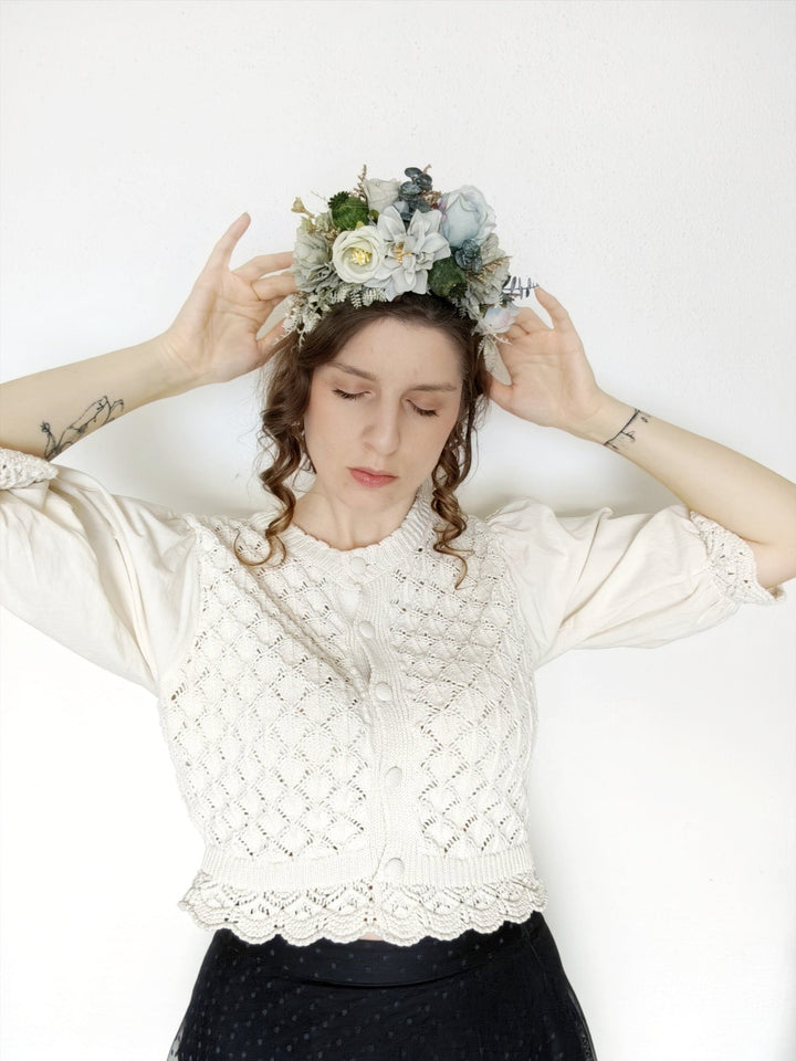 Pastel Green Flower Headband: Boho Wedding Double Sided Crown – handmade floral hair accessory by magaela