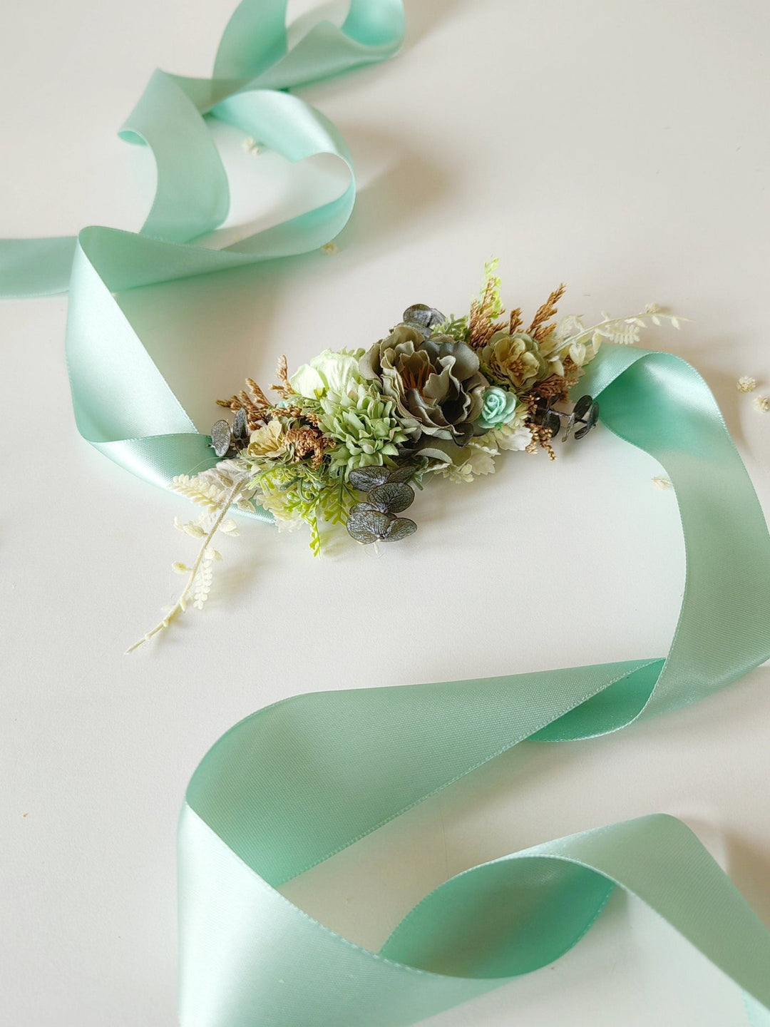 Mint Green Flower Belt: Boho Bridal Dress, Summer Festivals – handmade floral hair accessory by magaela
