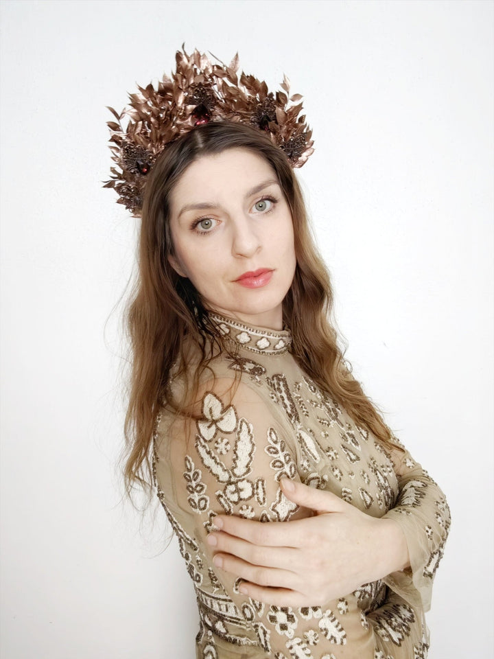 Bronze Bridal Crown: Glamour Flower Hair Tiara, Vintage Wedding – handmade floral hair accessory by magaela