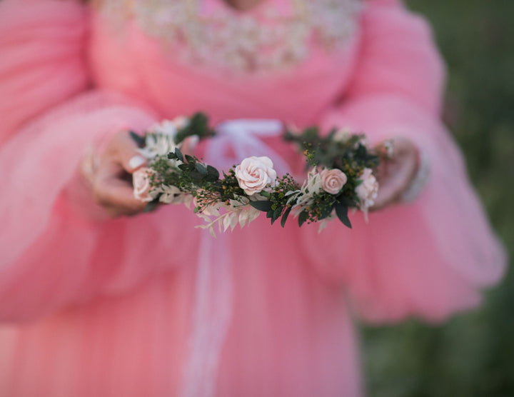 Blush Rose Wedding Hair Wreath: Romantic Bridal Flower Crown – handmade floral hair accessory by magaela