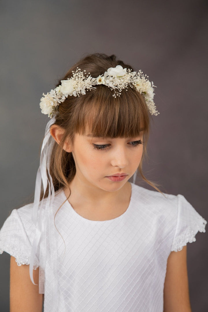 First Communion Flower Crown Set: Ivory Hair Wreath, Bracelet & Belt – handmade floral hair accessory by magaela