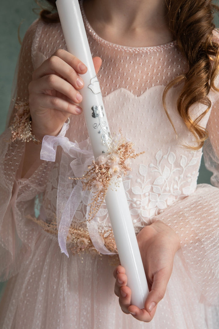Floral Candle Decoration: Handmade First Holy Communion Candle Wreath – handmade floral hair accessory by magaela