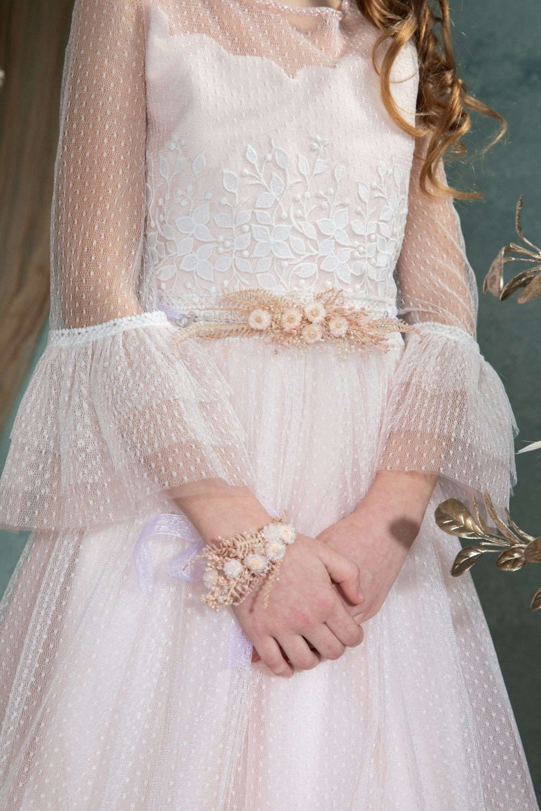 Preserved Flower Girl Belt: Pale Pink Cream Floral Communion Accessory – handmade floral hair accessory by magaela