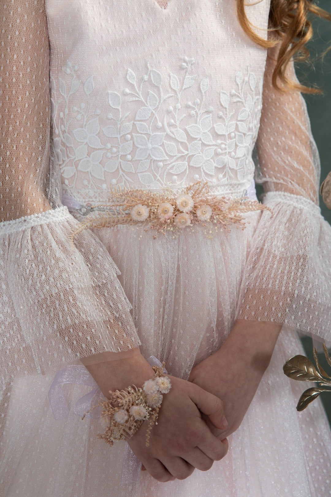 Preserved Flower Girl Belt: Pale Pink Cream Floral Communion Accessory – handmade floral hair accessory by magaela