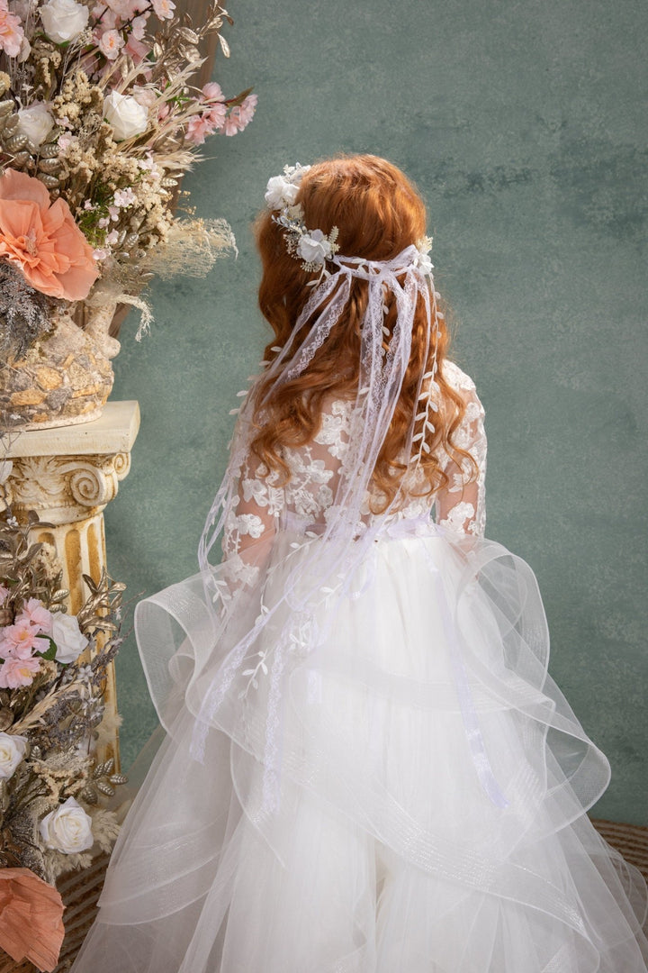 White Flower Hair Wreath with Veil: First Communion Headpiece – handmade floral hair accessory by magaela