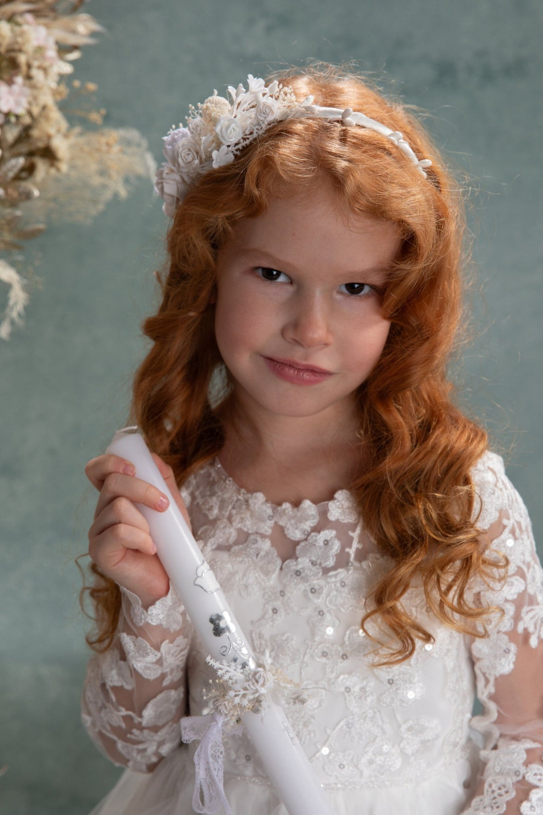 Handmade Floral Candle Decoration: First Holy Communion Candle Wreath – handmade floral hair accessory by magaela