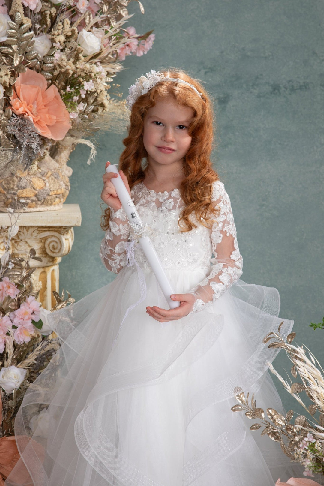 Handmade Floral Candle Decoration: First Holy Communion Candle Wreath – handmade floral hair accessory by magaela