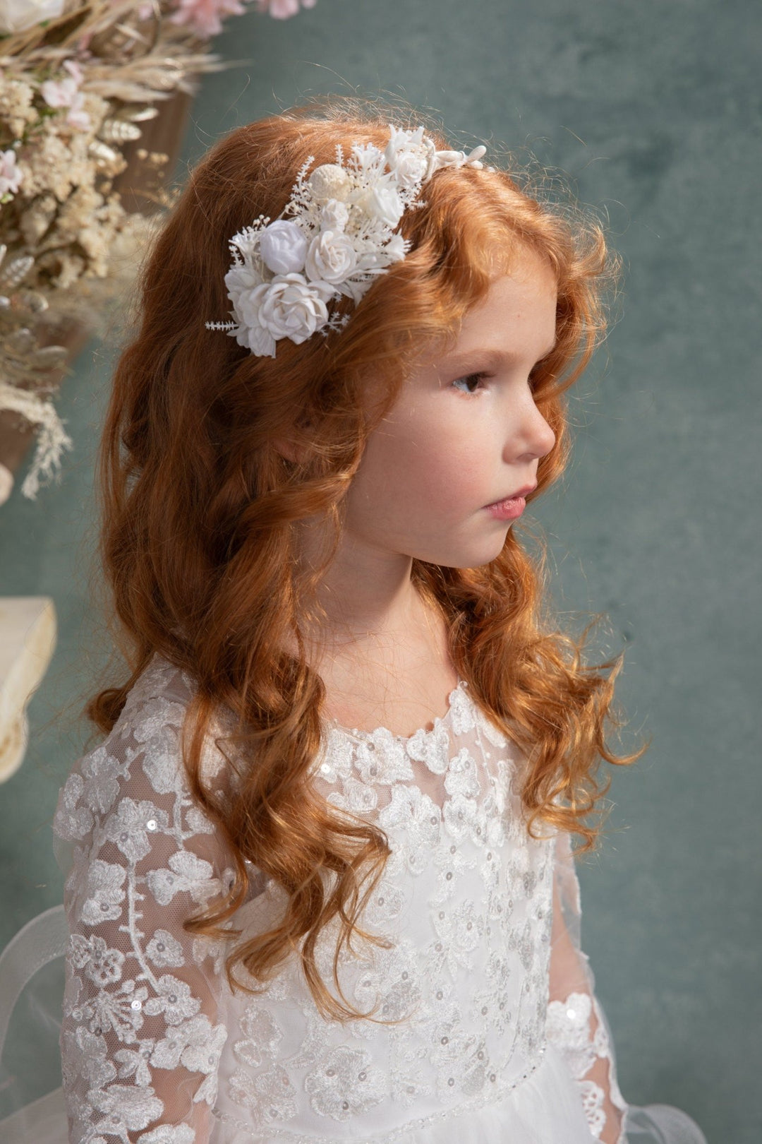 White Floral Headband: First Communion Flower Headpiece – handmade floral hair accessory by magaela