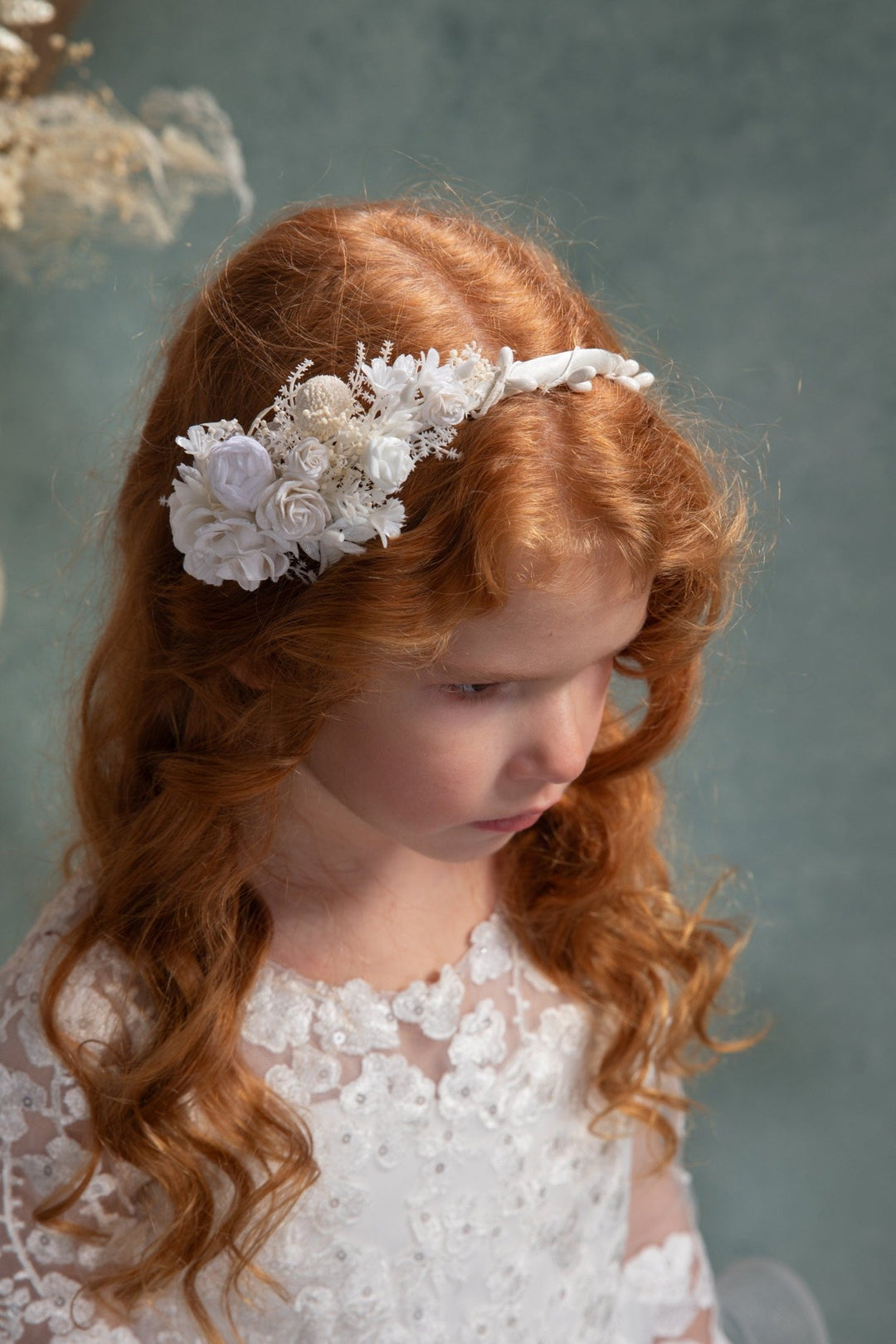 White Floral Headband: First Communion Flower Headpiece – handmade floral hair accessory by magaela