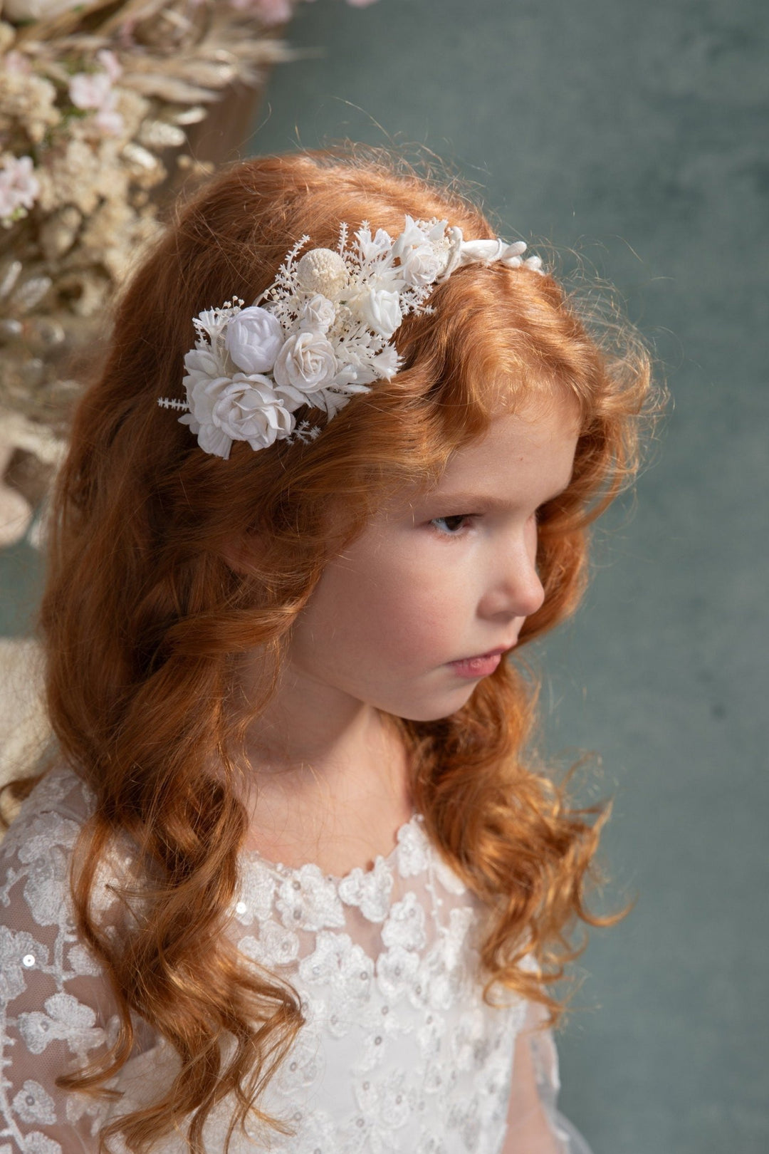 White Floral Headband: First Communion Flower Headpiece – handmade floral hair accessory by magaela