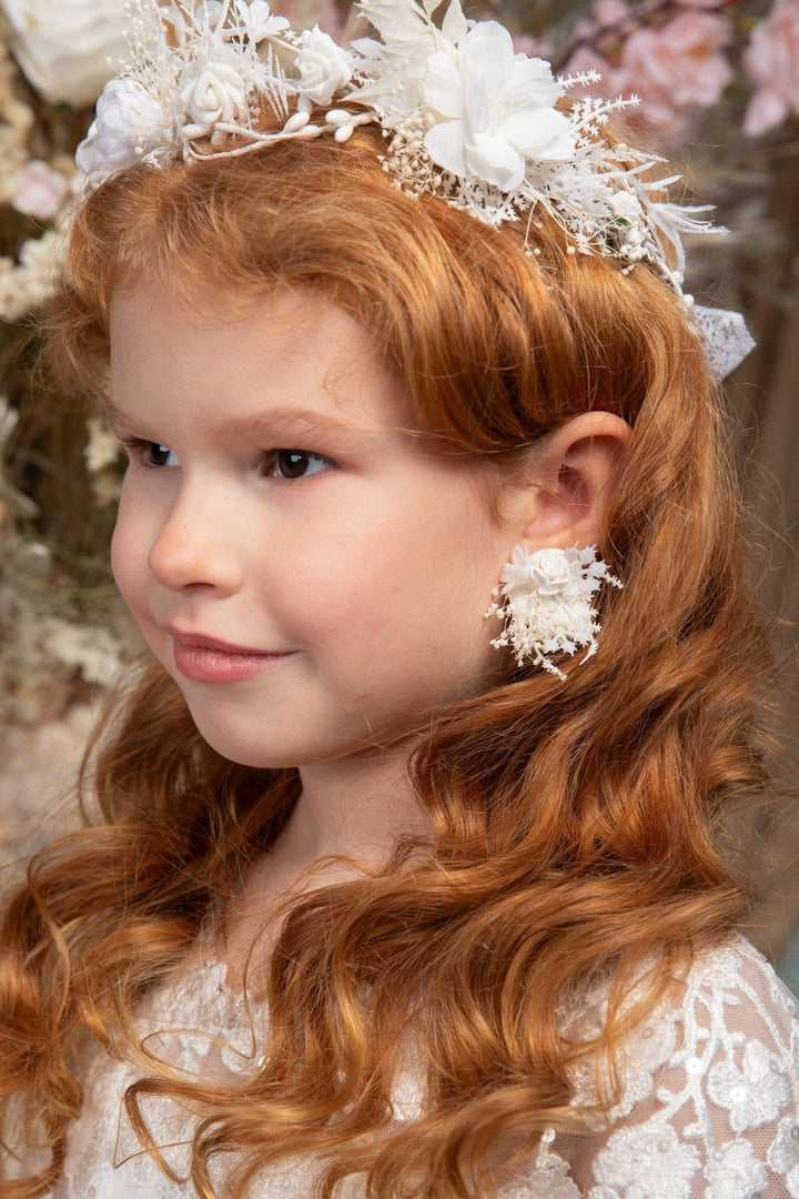 Handmade White Flower Earrings: Holy Communion Bridal Jewelry – handmade floral hair accessory by magaela