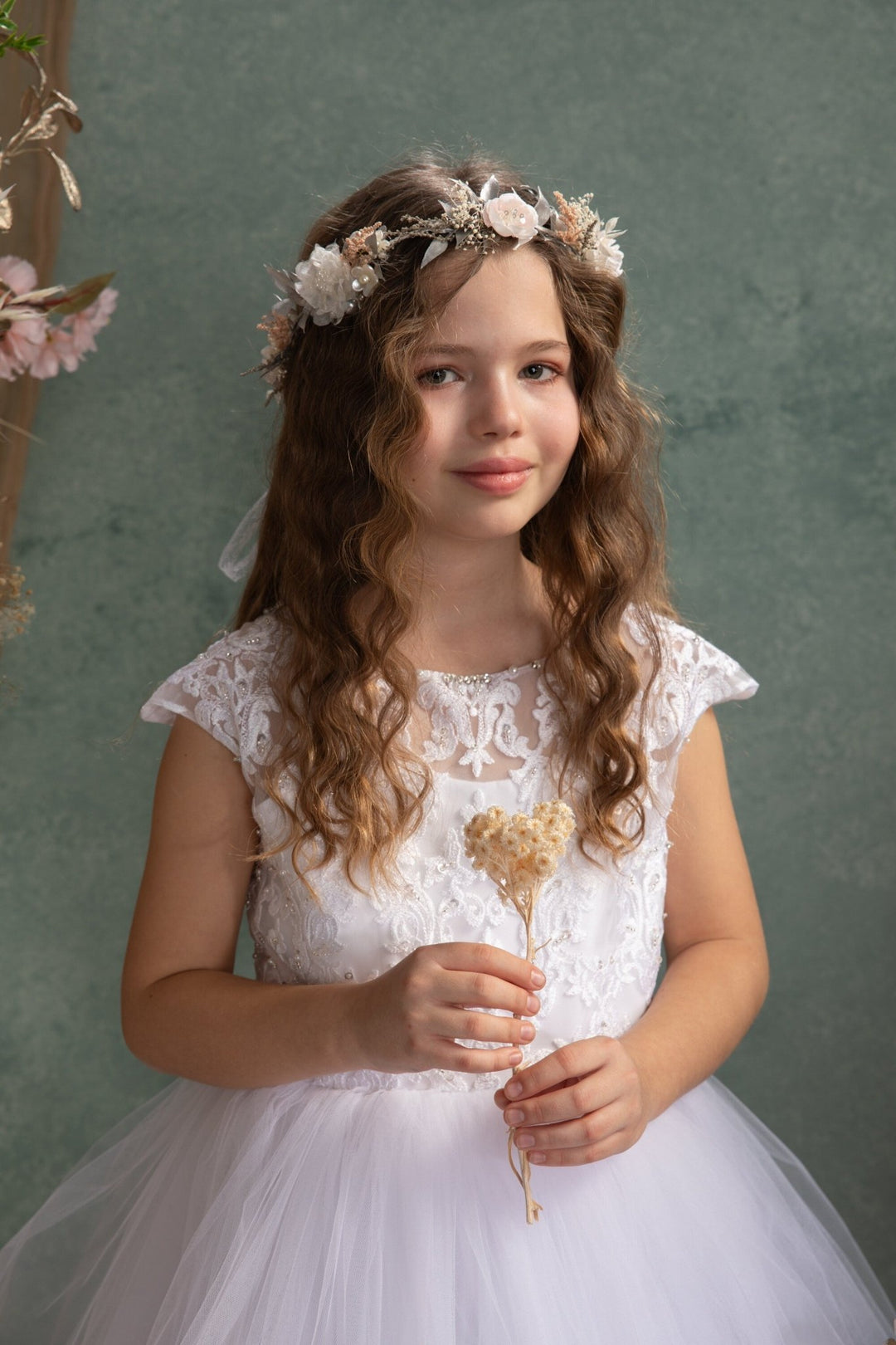 White Flower Hair Wreath: First Communion Bridal Headpiece – handmade floral hair accessory by magaela