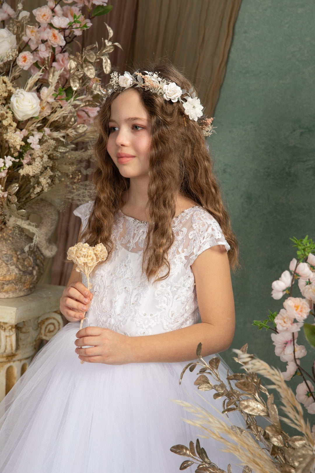 White Flower Hair Wreath: First Communion Bridal Headpiece – handmade floral hair accessory by magaela