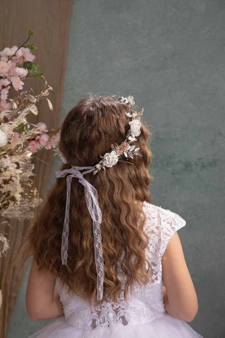 White Flower Hair Wreath: First Communion Bridal Headpiece – handmade floral hair accessory by magaela