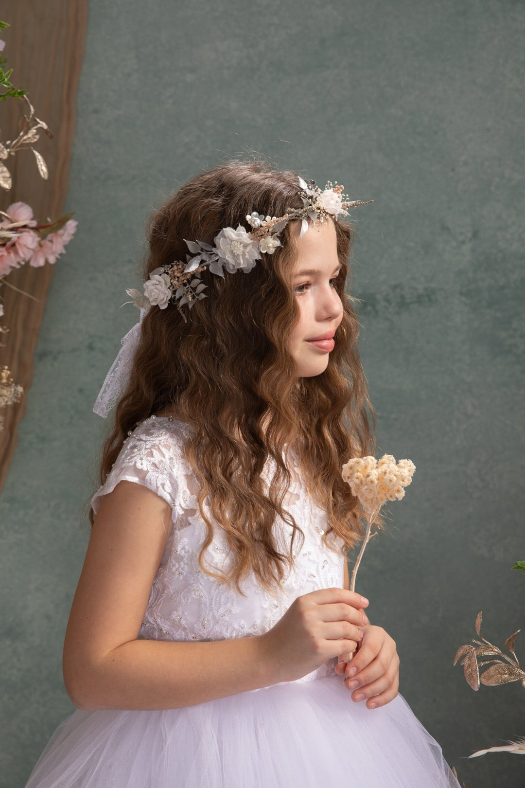 White Flower Hair Wreath: First Communion Bridal Headpiece – handmade floral hair accessory by magaela